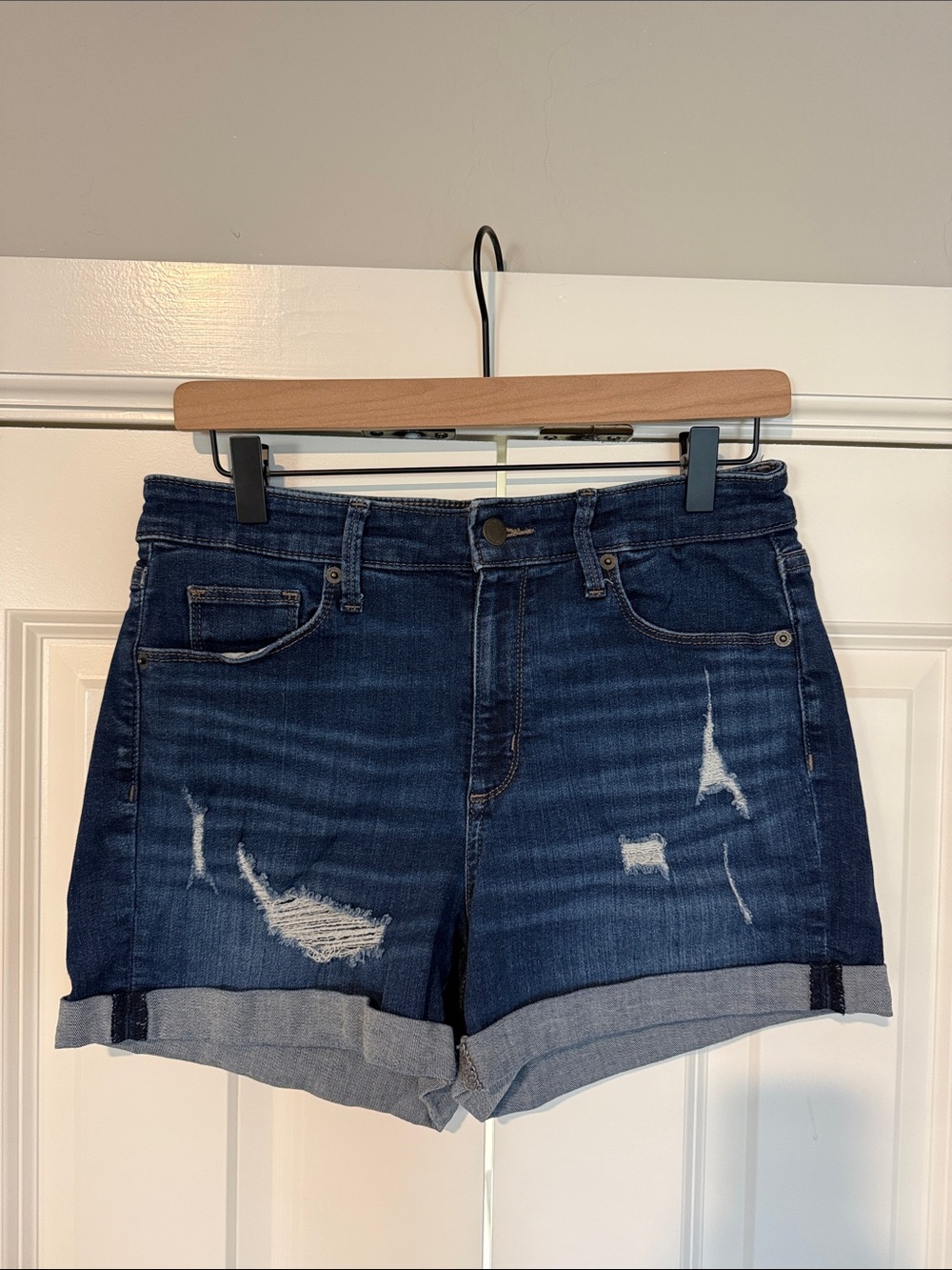 Universal Thread Dark Blue Distressed Denim Roll-Cuff Shorts